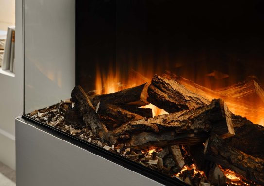Realistic electric fireplace with logs and glowing flames, creating a warm ambience.