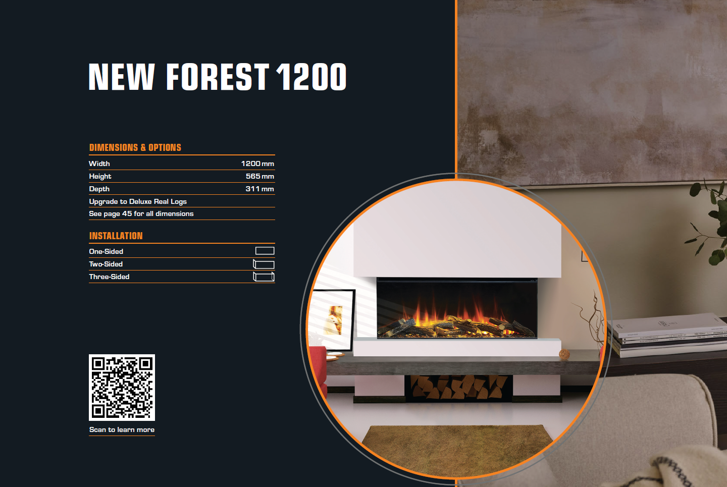 Modern fireplace design featuring a sleek white structure and warm ambiance details. New forest 1200