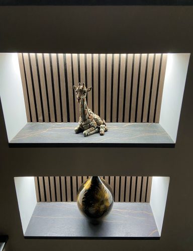 acoustic slat wall on display shown with LED strip lighting above it