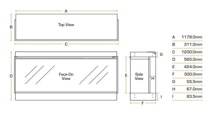 Technical diagram showing dimensions for New Forest 1200