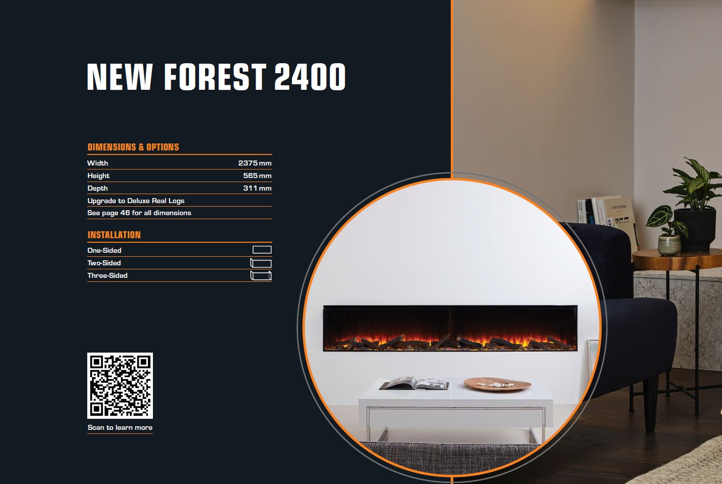 A modern electric fireplace with a sleek design and glowing embers, beside a coffee table. New forest 2400