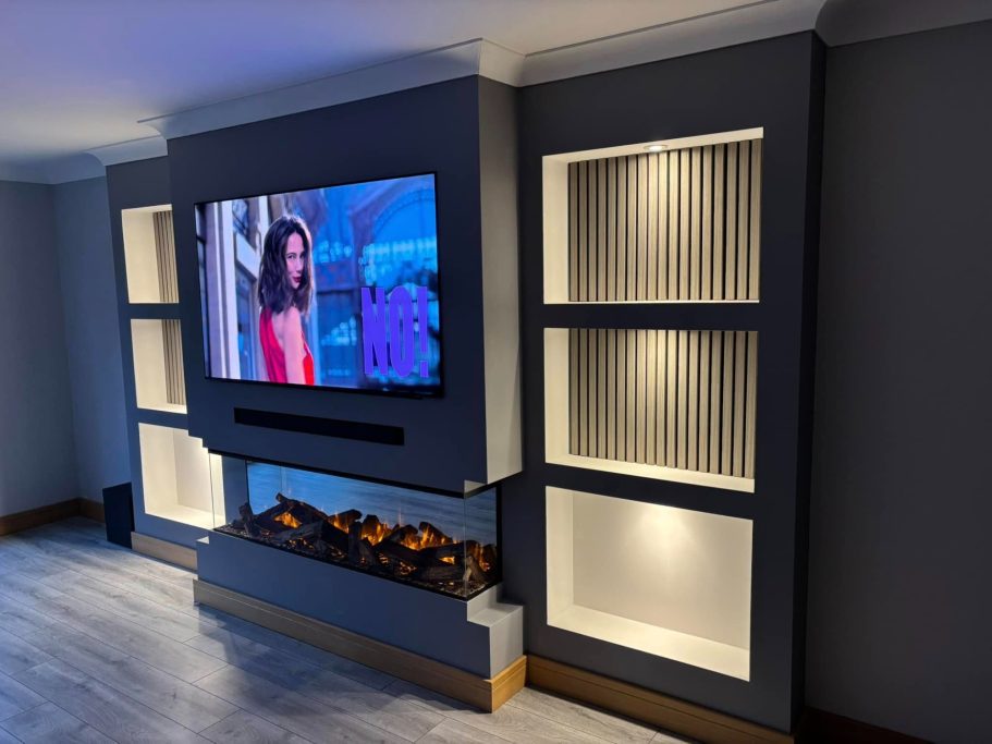 modern media wall with real log electric fire