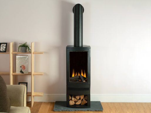 Modern black electric bramshaw stove fire with a tall chimney, stacked logs at the base.