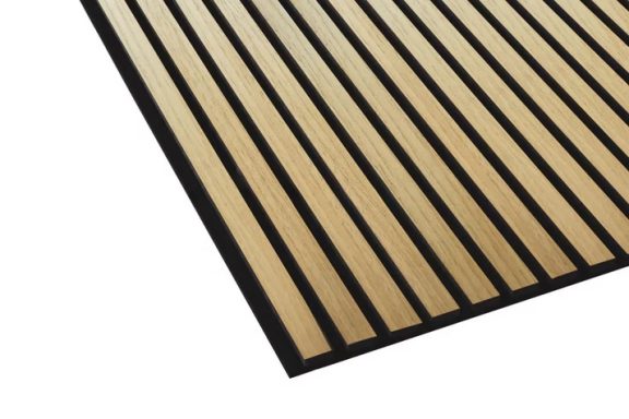 Close up of an acoustic slat wall panel