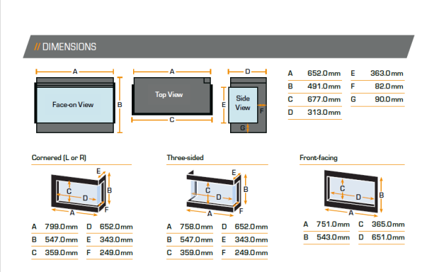 Dimensions and specifications for Ashlett insert, by British Fires