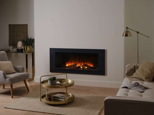 Modern living room with a sleek, wall-mounted electric fire by British Fires