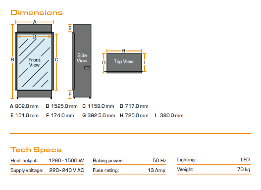 Technical specifications and dimensions for the British fires knightwood electric fire