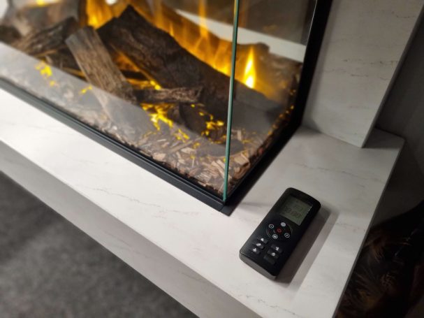 Corner view of British Fires winchester suite in our showroom