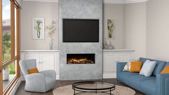 Grey media wall with one sided e-fx electric fire