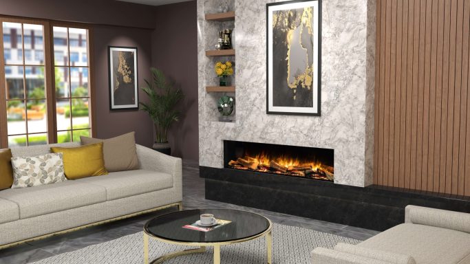 Modern living room with a Flamerite fire, artwork, and stylish furniture.