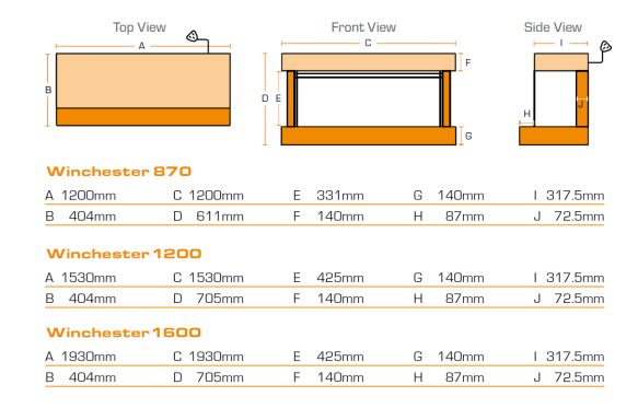 Dimensions and specifications for the Winchester electric fire suites