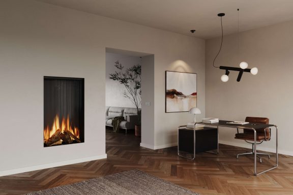 Modern living room with a stylish fireplace, desk, and contemporary lighting.