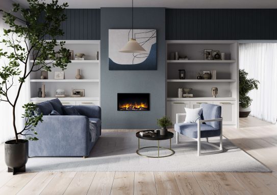 Modern living room with a small electric fireplace.