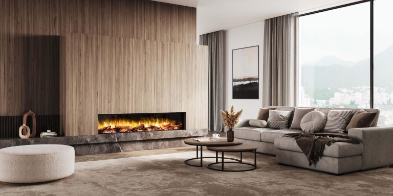 Modern electric fireplace set inside of a media wall, front facing E-FX 1800 
