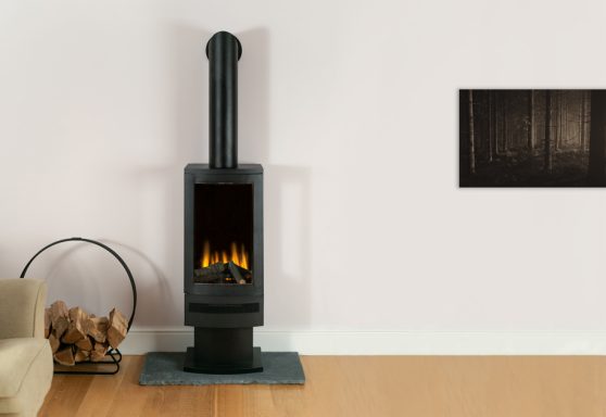 Bramshaw electric fire shown with optional flue and stand. 