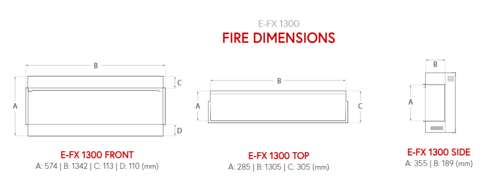 Dimensions for the Flamerite e-fx 1300