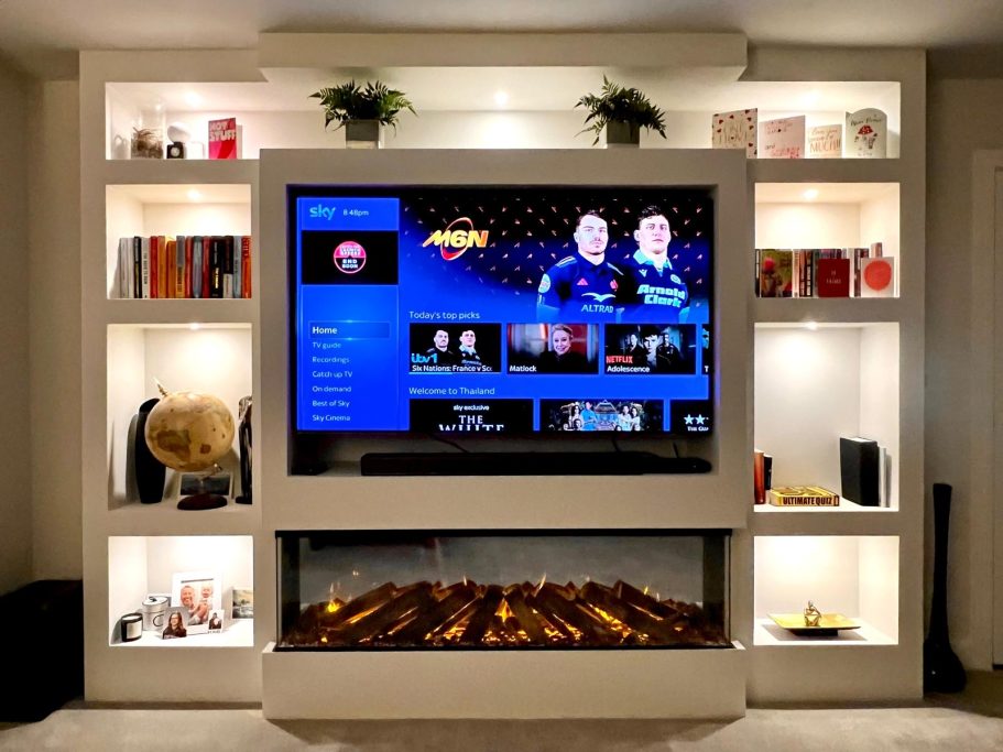 light coloured media wall with electric fire. Visit media wall fires in alcester