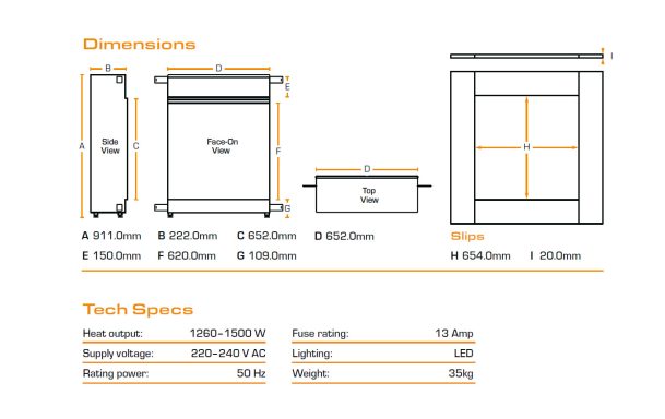 Dimensions and specifications for a rectangular a British fires 650sq fire