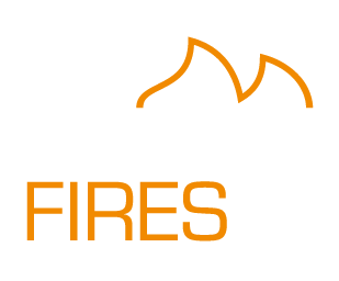 Stylised flames above the word "FIRES" in bold orange text. British fires logo