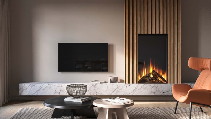 Modern living room with a wall-mounted TV and a British fires Knightwood fire