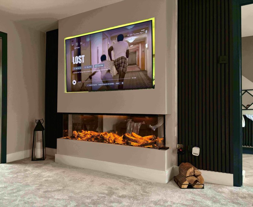 Modern electric fire in a media wall
