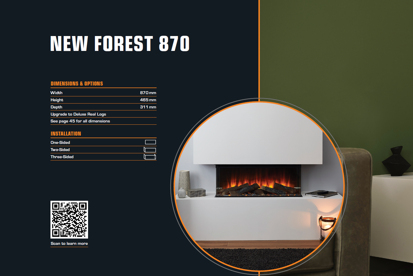 A modern fireplace display with specifications for new forest 870