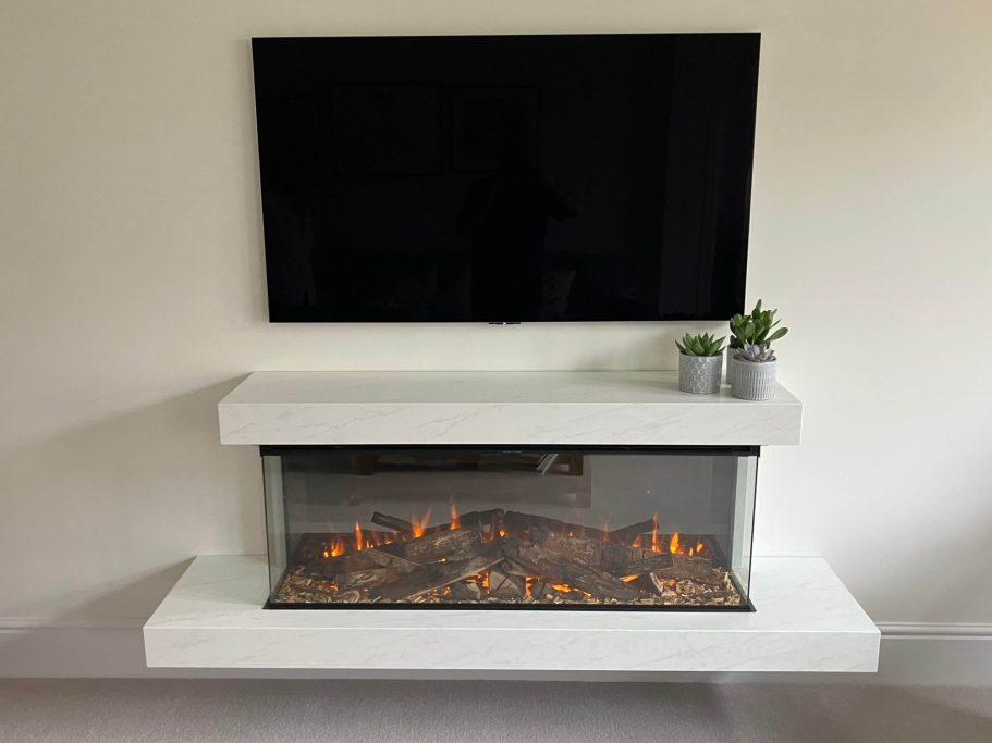 Modern wall-mounted fireplace suite, Brockenhurst in white with real logs