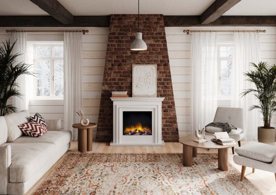 Modern living room with electric fire mounted on a brick fireplace