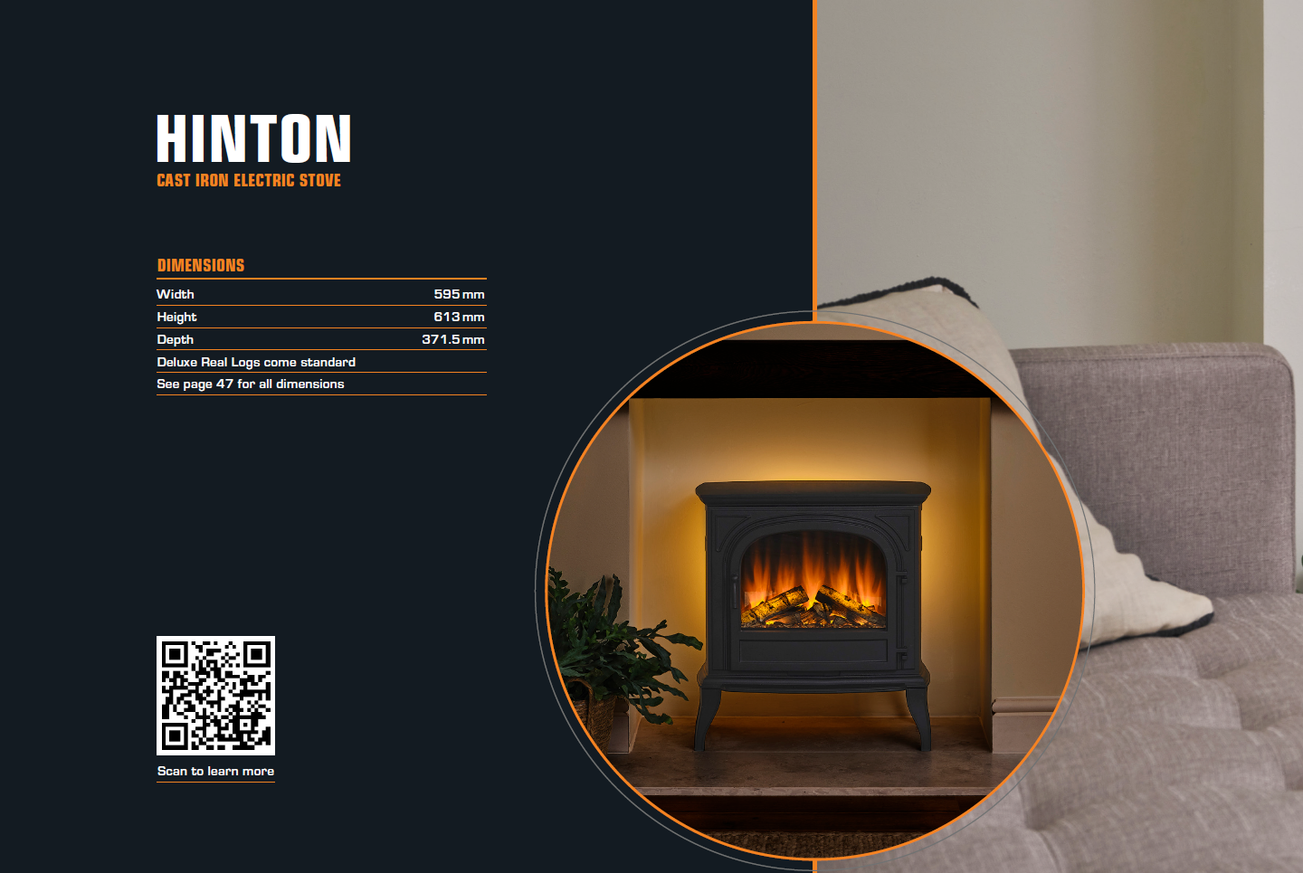 A stylish electric fireplace with a warm glow, set in a modern living space.