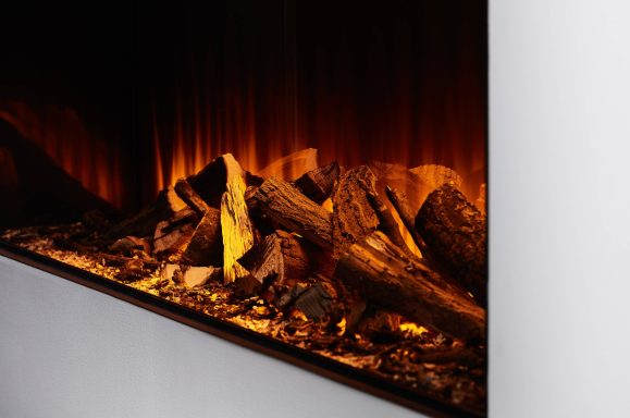 A modern fireplace with real wooden and a warm, ambient glow.