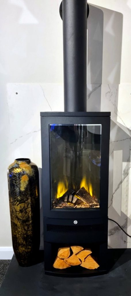 Britsh Fires Bramshaw electric stove fireplace with a glass front, featuring realistic flames 