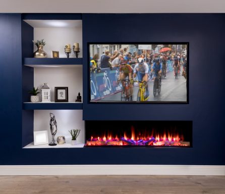 Iconic 1600 electric fire set in a media wall. Customisable flames and lights
