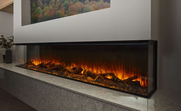 Modern electric fireplace with glowing logs and ambient lighting in a media wall