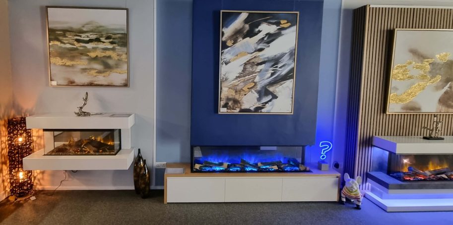 Our showroom with 3 modern electric fires on display. Realistic flame effects