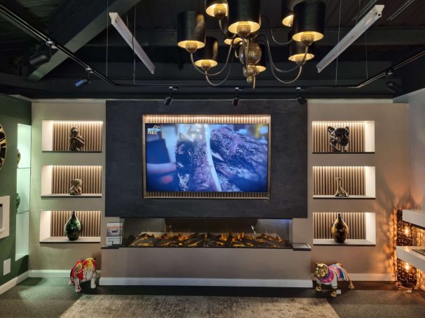 Our large media wall with New Forest 2400 electric fire on display in Alcester 