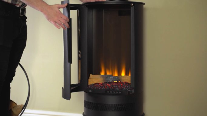 British Fires Ashurst electric stove, shown with the door open