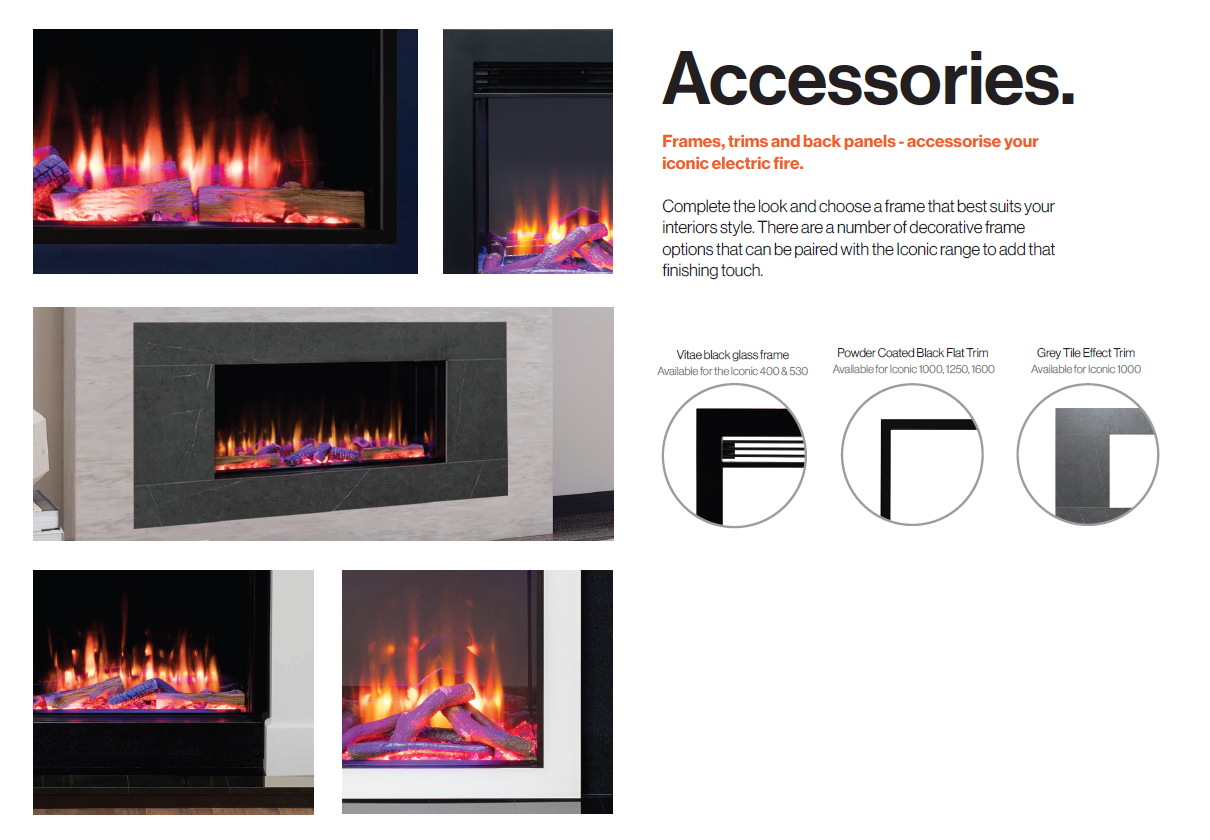 Various modern electric fireplaces with decorative flames and accessories displayed.