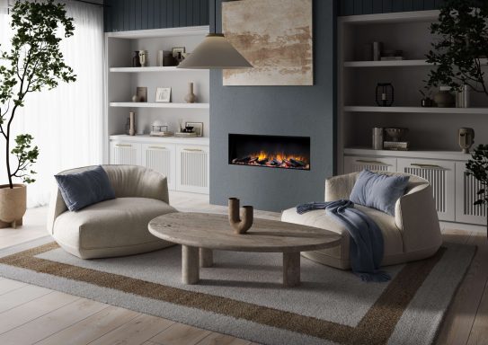 Modern living room with decorative electric Flamerite fireplace.