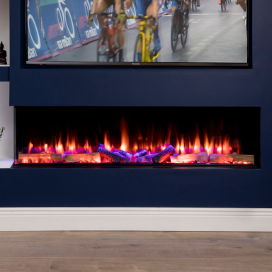 Iconic electric fire 1600 with vibrant flames and a sleek design, set against a dark wall.