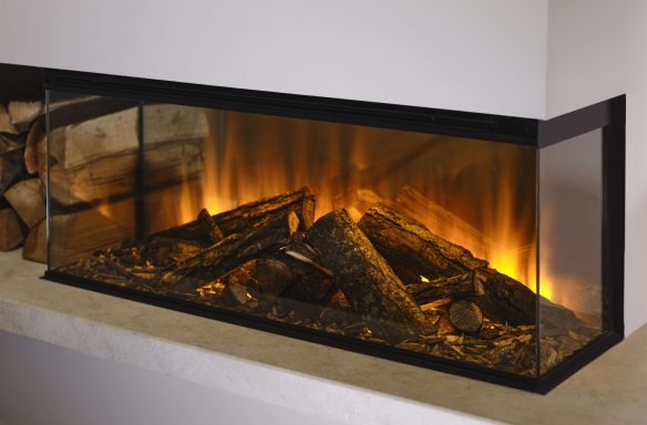 Modern glass-fronted electric fireplace with glowing logs and a warm ambient light. New Forest 870
