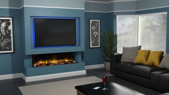 Modern living room with a black sofa, decorative cushions, and a wall-mounted TV above a fireplace.