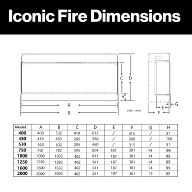 Dimensions for the Iconic electric fires