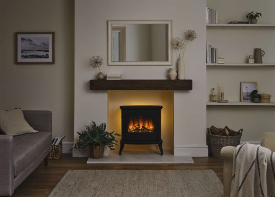 Hinton cast iron stove, electric fire shown with the included backlight on 
