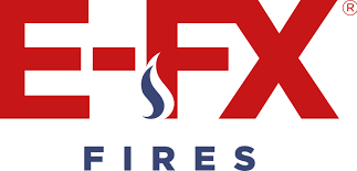 Logo of E-FX Fires, featuring bold red lettering and a stylised flame icon.