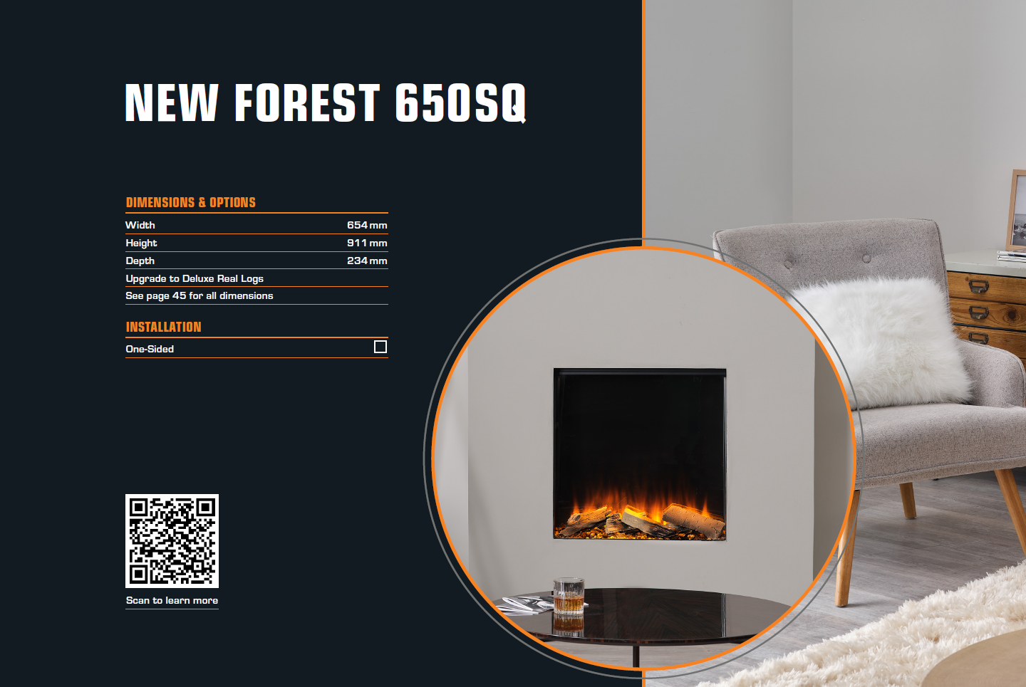 Modern electric 650sq fireplace display with product details and features listed alongside.