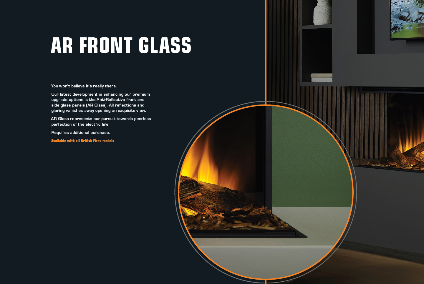 Close-up of a modern fireplace with glowing embers and decorative front glass.