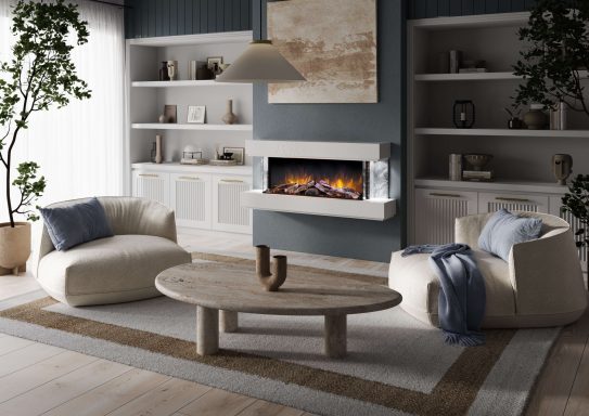 Modern living room with a Flamerite Lazio electric fire