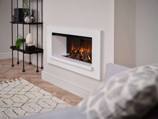 Modern white fireplace with glowing flames, set in a stylish, minimalist living room.