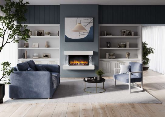 Modern electric fire, wall mounted with LED downlights