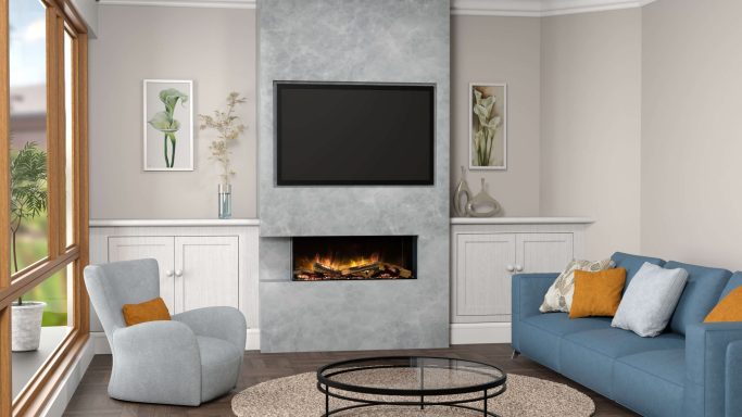 Modern living room a fireplace feature wall. A flamerite e-fx fire